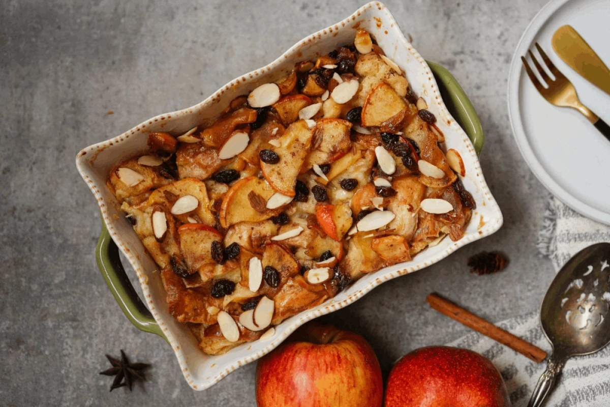 Makaron zapiekany z jabłkami i cynamonem posypany rodzynkami i migdałami